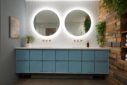 custom cabinetry atlanta custom bathroom vanity blue bathroom blue vanity medicine cabinet ideas gold faucets round mirrors wood wall plant wall bathroom ideas